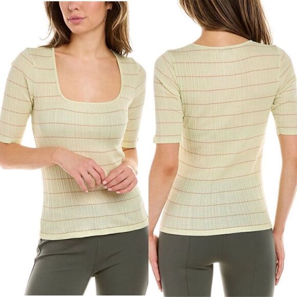 Vince NWT Striped Rib Square Neck Top in Honeydew/Light Brass Size S - Picture 1 of 7
